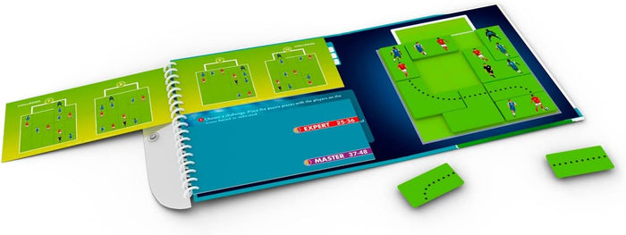 Spiral soccer puzzle book with green magnetic board, challenge pages, and pieces with players and dotted ball paths.