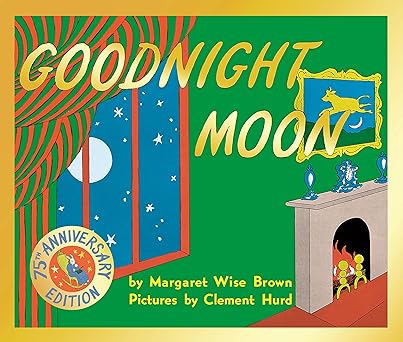 Goodnight Moon 75th Anniversary Edition book cover with green walls, red curtains, a moonlit window, and a fireplace.