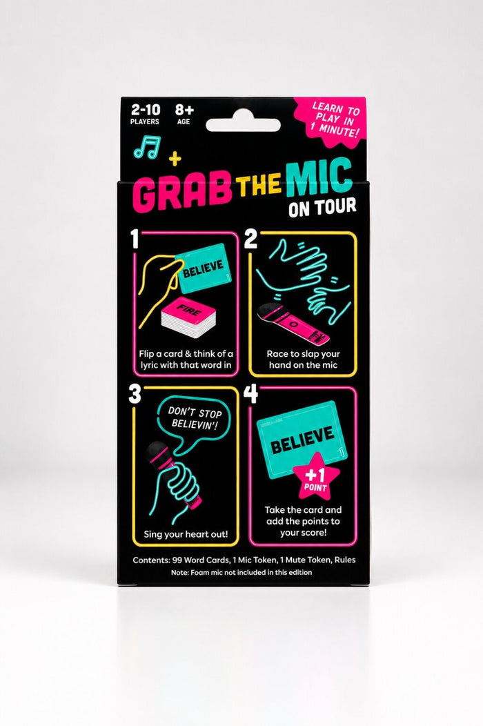 Grab the Mic on Tour game in its retail packaging, featuring a black box with bright pink, teal, and yellow graphics showing four steps of gameplay.