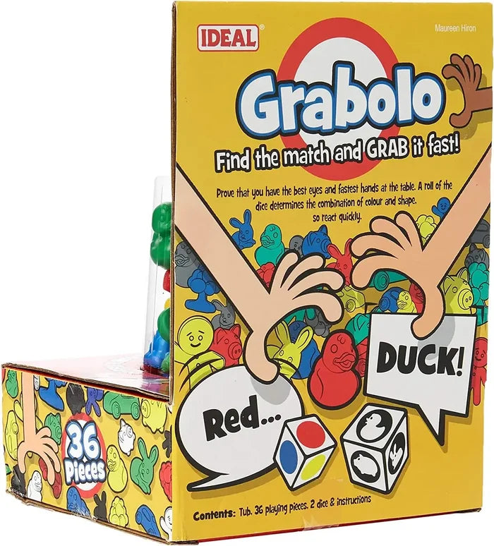 Yellow Grabolo game box with cartoon hands grabbing colorful plastic animal pieces, plus dice and 36 play pieces.