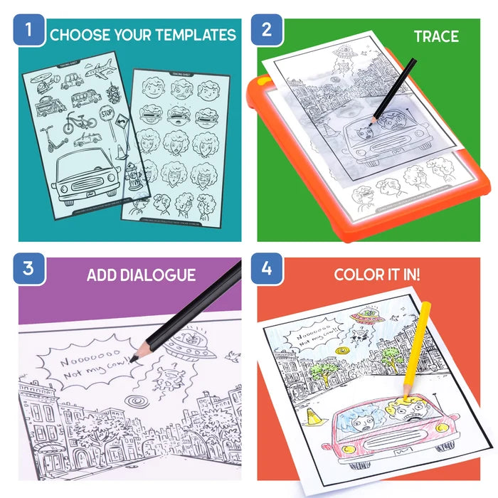Four panels show choosing templates, tracing on an orange light box, adding dialogue bubbles, and coloring a comic scene.