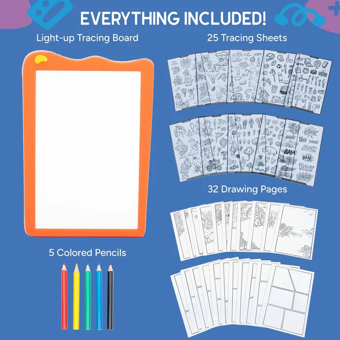 Orange light-up tracing board kit with five colored pencils, sketch tracing sheets, and comic book panel drawing pages.