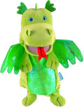 Plush green dragon with shimmery wings and belly, blue eyes, and a red forked tongue.