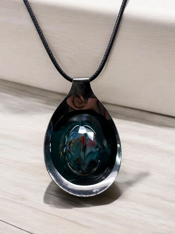 Green Oval Stone Spoon Pendant With 18" Adjustable Necklace