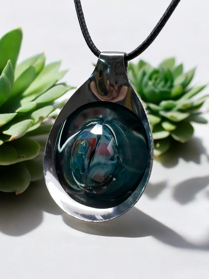 Green Oval Stone Spoon Pendant With 18" Adjustable Necklace