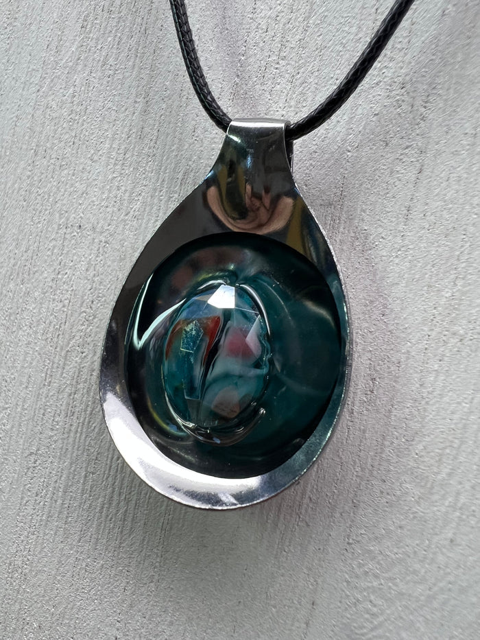 Green Oval Stone Spoon Pendant With 18" Adjustable Necklace