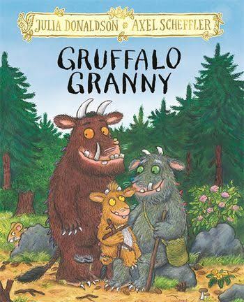 Book cover for Gruffalo Granny featuring a brown Gruffalo, a grey granny Gruffalo, and a small yellow Gruffalo child.