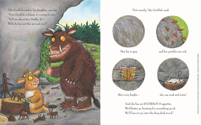 Illustrated book spread with brown Gruffalo characters and four circular close-ups of grey fur and red prickles.