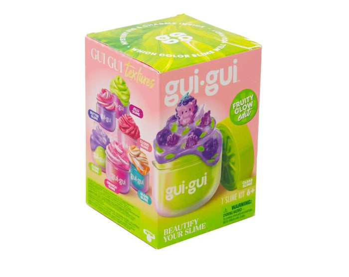 Gui Gui slime kit in a pink and green box, featuring colorful swirled slimes and a purple slime with a bear charm.