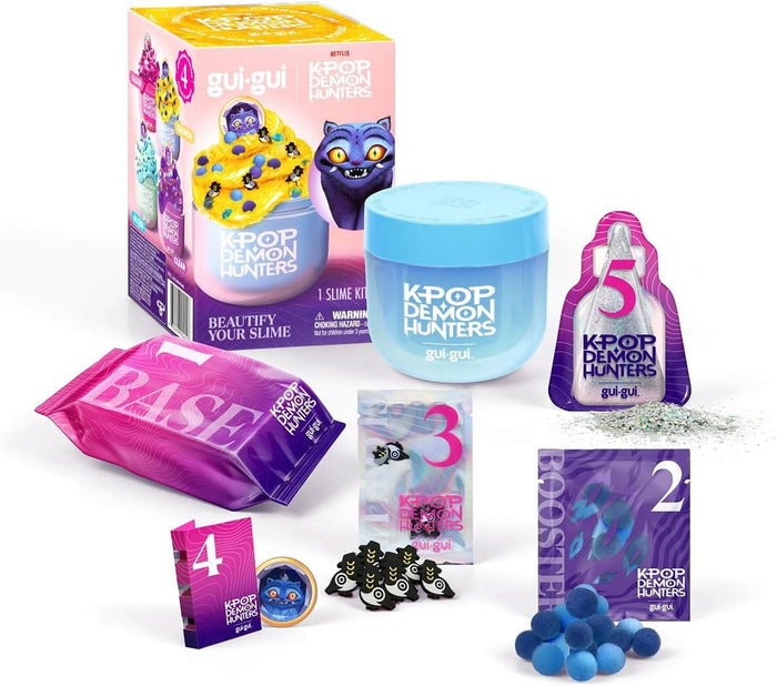 Pink box and blue jar slime kit with numbered packets, silver glitter, blue foam balls, and black cat charms.