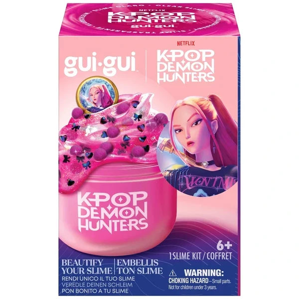 Pink Netflix K-Pop Demon Hunters slime kit featuring a jar of pink slime with pom-poms and character artwork.
