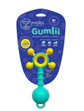 Teal and yellow silicone sensory teether rattle with a textured ball and ring on purple retail packaging.