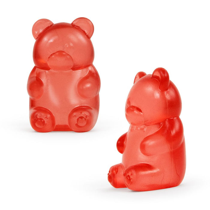 Two translucent red gummy bear squishy toys, one front-facing and one at a side angle, with rounded features and paws.