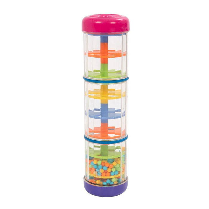 Cylindrical clear plastic toy with pink and purple caps, colorful internal tiers, and small multi-colored beads.