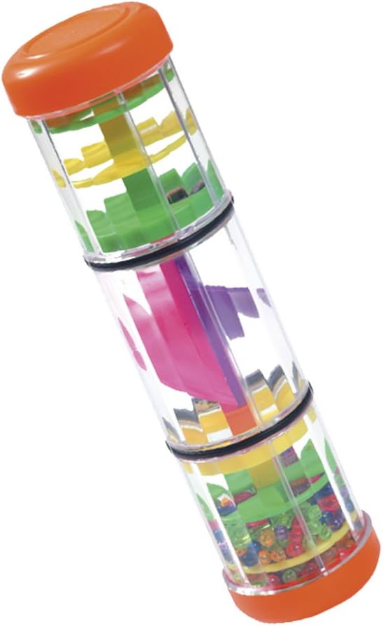 Clear cylindrical tube with orange caps, internal multi-colored spinning paddles, and tiny rainbow-colored beads.