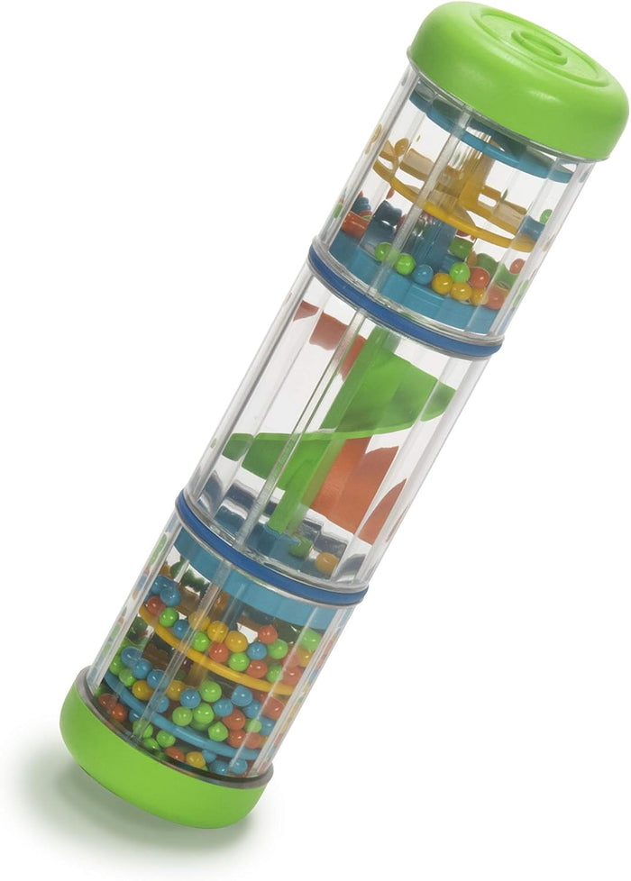 Clear cylindrical toy with green ends, three internal sections with colorful beads and spinning multi-colored blades.