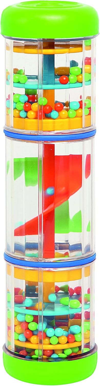 Tall clear tube with green ends, tiered spinning wheels with colorful beads, and a central red spiral ramp.