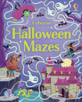 Purple Usborne Halloween Mazes book cover with green paths, featuring a cartoon werewolf, witch, ghosts, and a castle.