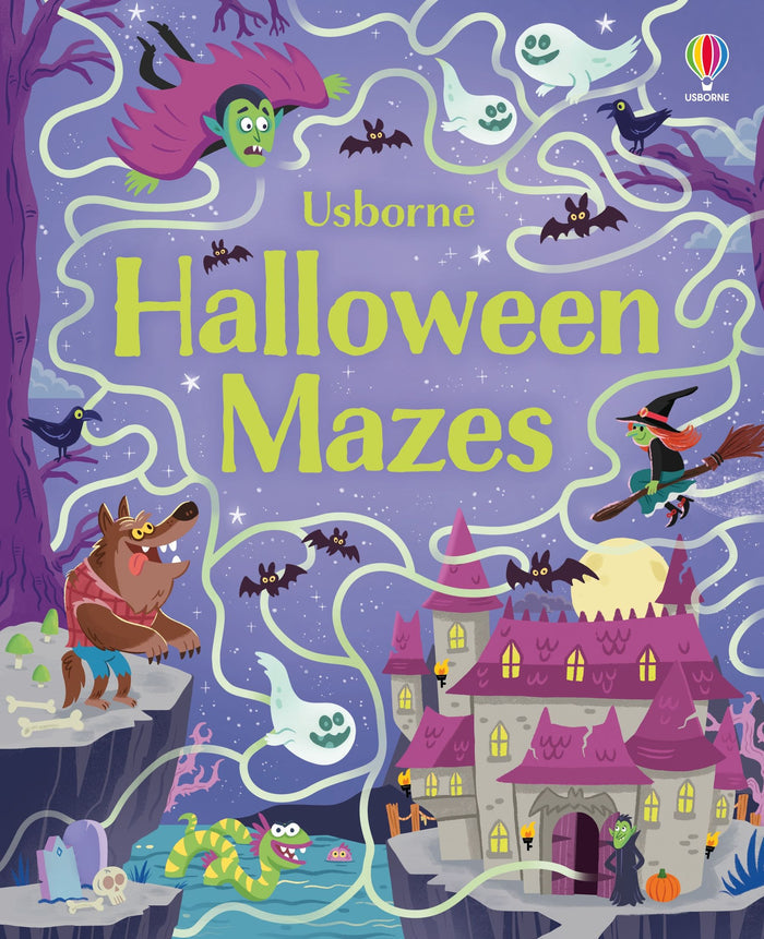 Purple Usborne Halloween Mazes book cover with green paths, featuring a cartoon werewolf, witch, ghosts, and a castle.