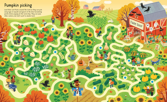 Colorful illustrated autumn maze featuring a pumpkin patch, sunflowers, and a red barn farm shop.