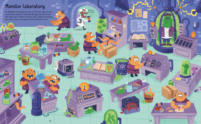 Illustrated monster laboratory maze with green slime, purple machinery, and cartoon monsters in vibrant colors.