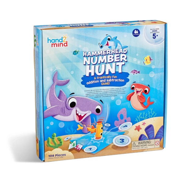 Blue box for Hammerhead Number Hunt game with cartoon sharks, numbered tiles, and ocean illustrations for ages 5 and up.