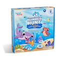 Blue box for Hammerhead Number Hunt game with cartoon sharks, numbered tiles, and ocean illustrations for ages 5 and up.