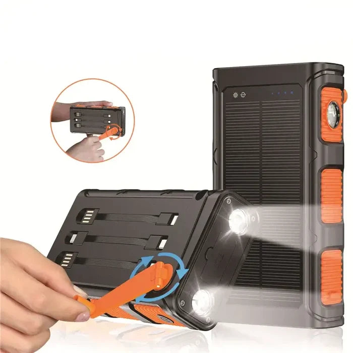 Hand Crank Solar Power Bank 30000mAh with Cable Camping Light showing charging and light features