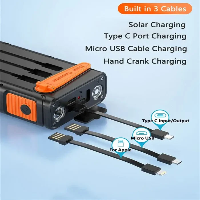 Hand Crank Solar Power Bank 30000mAh with Cable Camping Light showing solar, Type C, Micro USB charging options