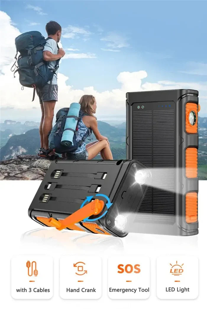 Hand Crank Solar Power Bank 30000mAh with Cable Camping Light, featuring LED and emergency tool, ideal for outdoor adventures.