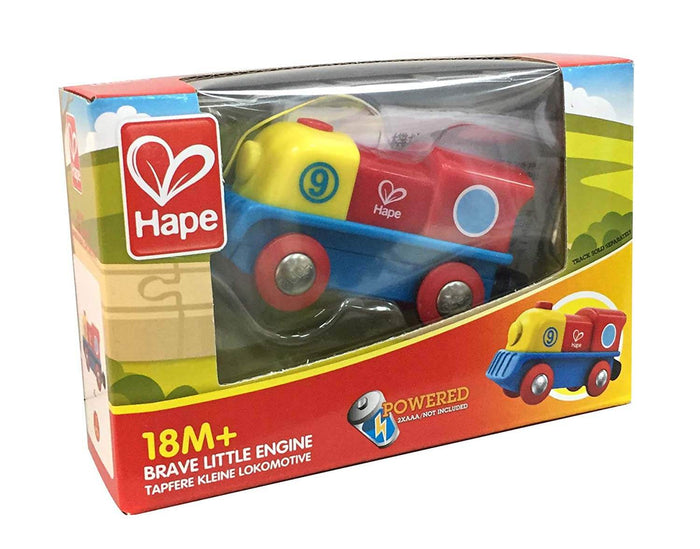 Yellow, red, and blue toy train with number 9, displayed in a cardboard box with a clear window.