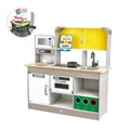 Grey and white wooden toy kitchen with a yellow backsplash, stove, sink, microwave, oven, and green recycling bin.