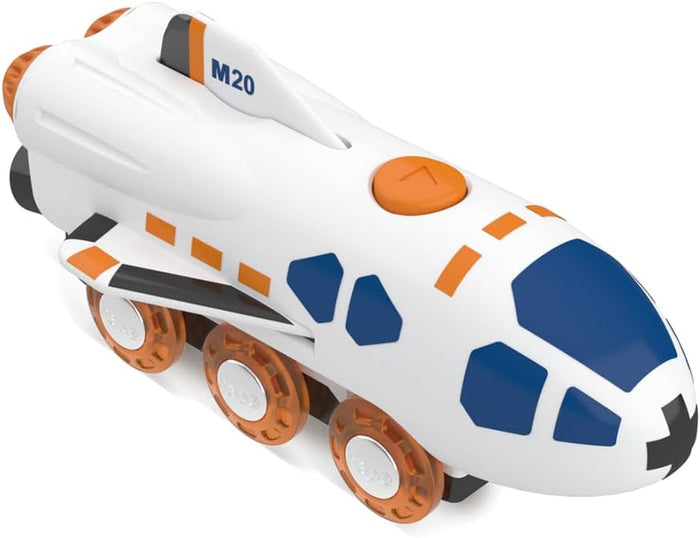 White space shuttle toy train with orange wheels, blue cockpit windows, and an orange tail fin marked M20.