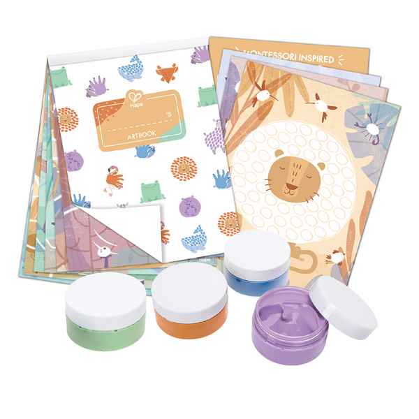 Four jars of green, orange, blue, and purple finger paint with an animal-themed artbook and activity sheets.