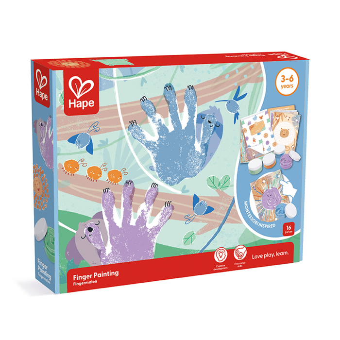 Hape Finger Painting kit box featuring blue and purple handprint animals, small paint pots, and art cards.