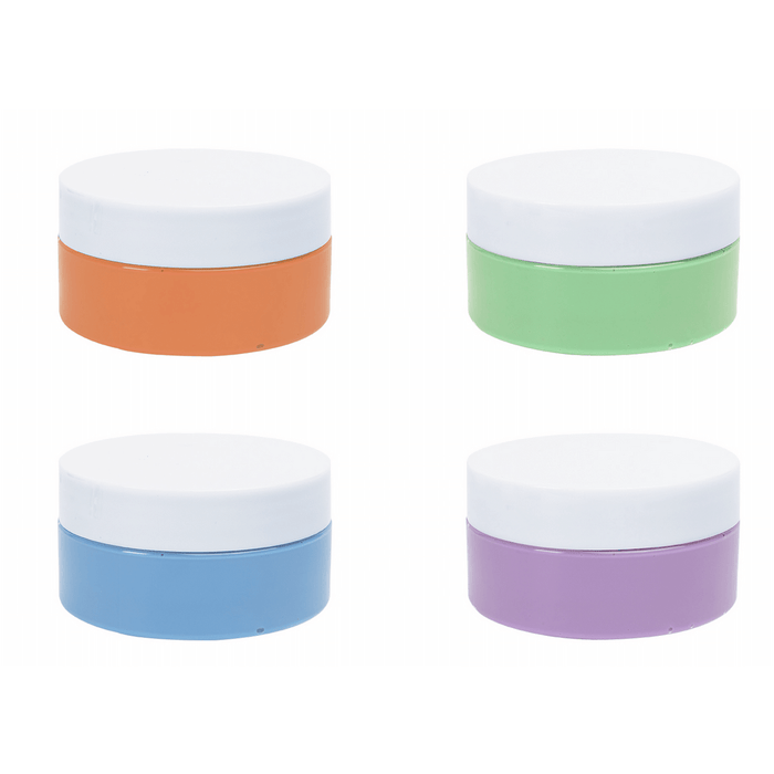 Four small, round jars of finger paint in orange, green, blue, and purple, each with a white lid.