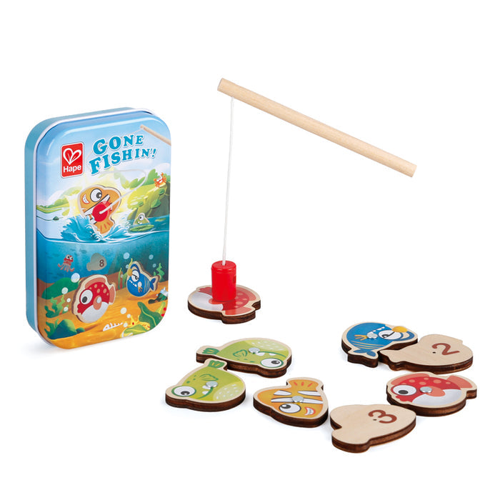Magnetic fishing toy set with a blue tin, wooden rod, and colorful wooden fish with metal studs and numbers.
