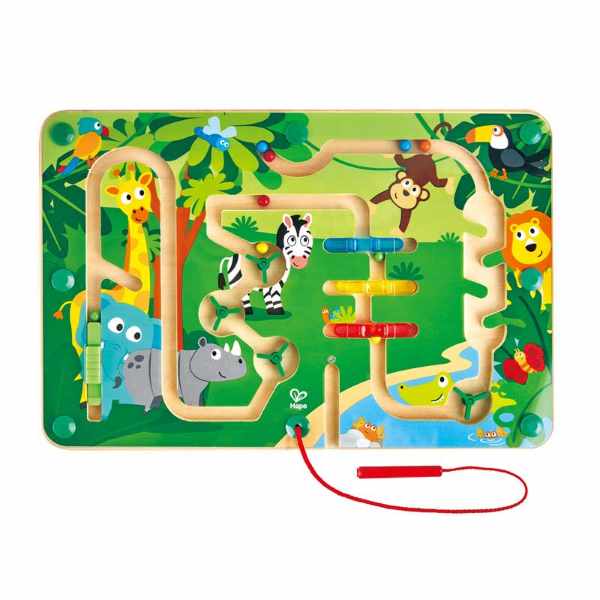 Wooden magnetic maze toy with jungle animal illustrations, colorful beads in winding tracks, and a red stylus.
