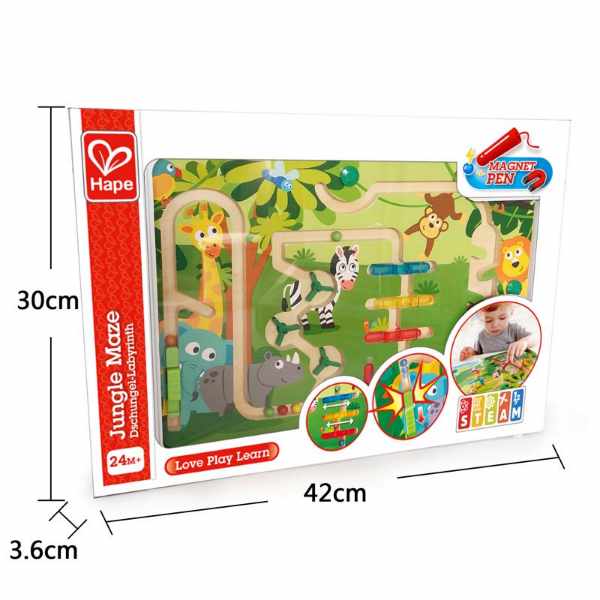 Hape Jungle Maze toy in white and red packaging featuring colorful jungle animal illustrations and dimensions.