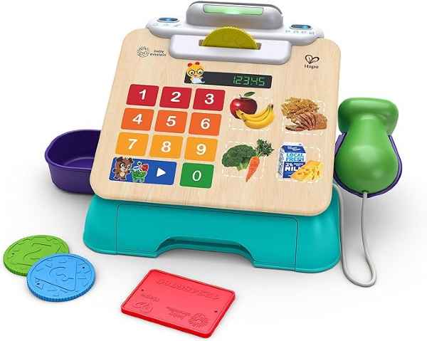 Wooden toy cash register with colorful touch buttons, food icons, a green scanner, play coins, and a credit card.