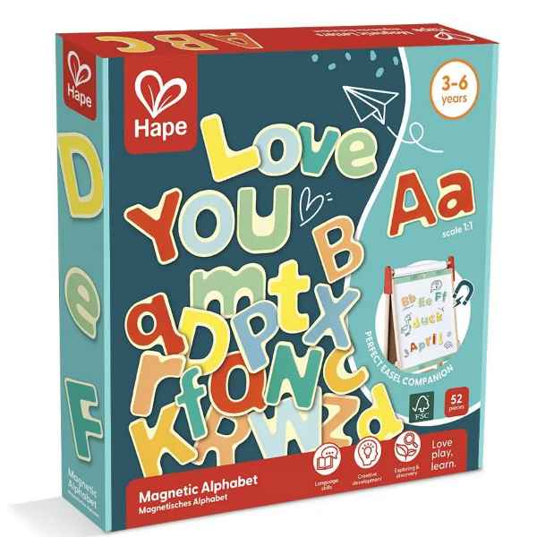 Teal box of 52 vibrant wooden magnetic letters in various colors and sizes, featuring the words Love You on the front.