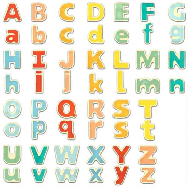 Vibrant multi-colored upper and lowercase magnetic letters in a rounded font, organized in pairs from A to Z.