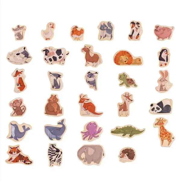 29 colorful cartoon animal magnets with beige borders, featuring various wildlife illustrations on a white background.