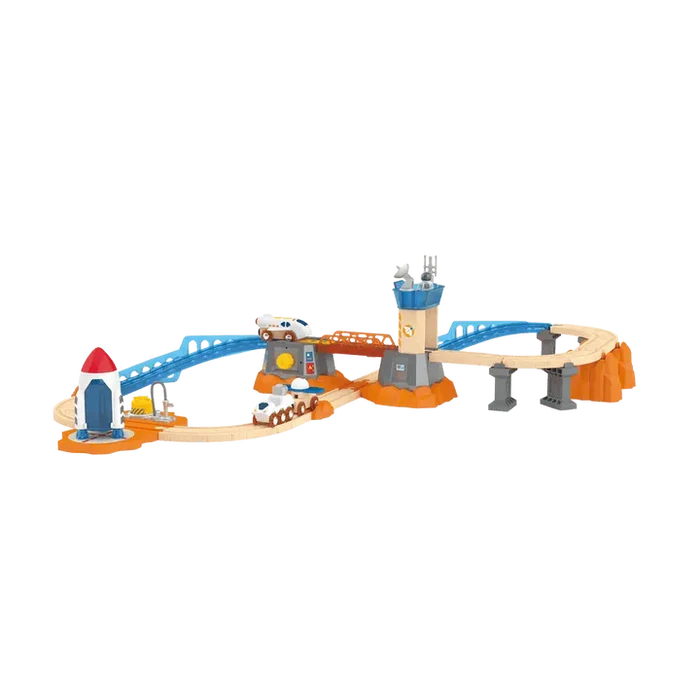 Wooden toy space track with blue ramps, orange rock bases, a white rocket, control tower, and space rover.