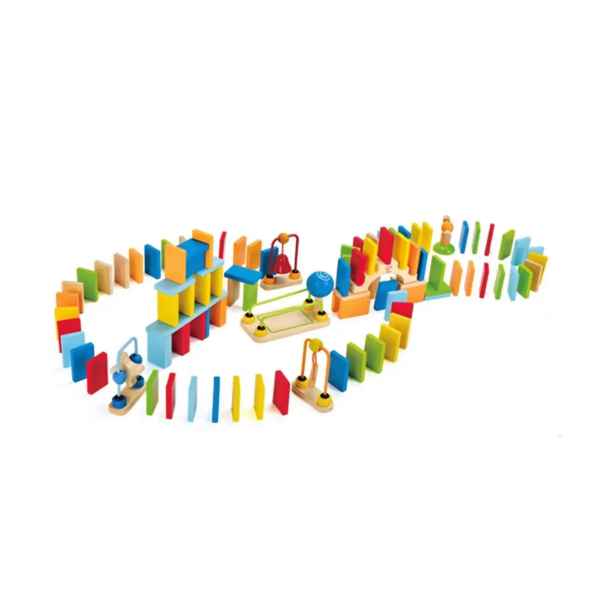 Colorful wooden dominoes and kinetic stunts arranged in a winding figure-eight track on a white background.