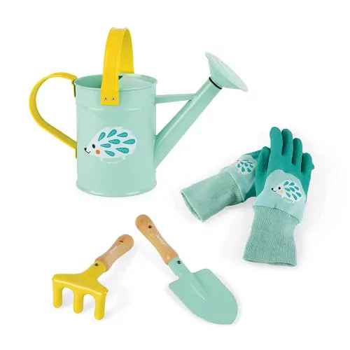 Light green hedgehog watering can, matching gloves, yellow rake, and green trowel with wooden handles.