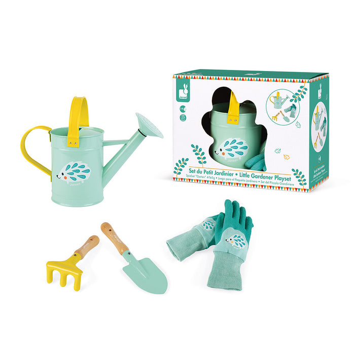 Mint green watering can, yellow rake, hand trowel, and teal hedgehog gloves, pictured beside decorative box packaging.