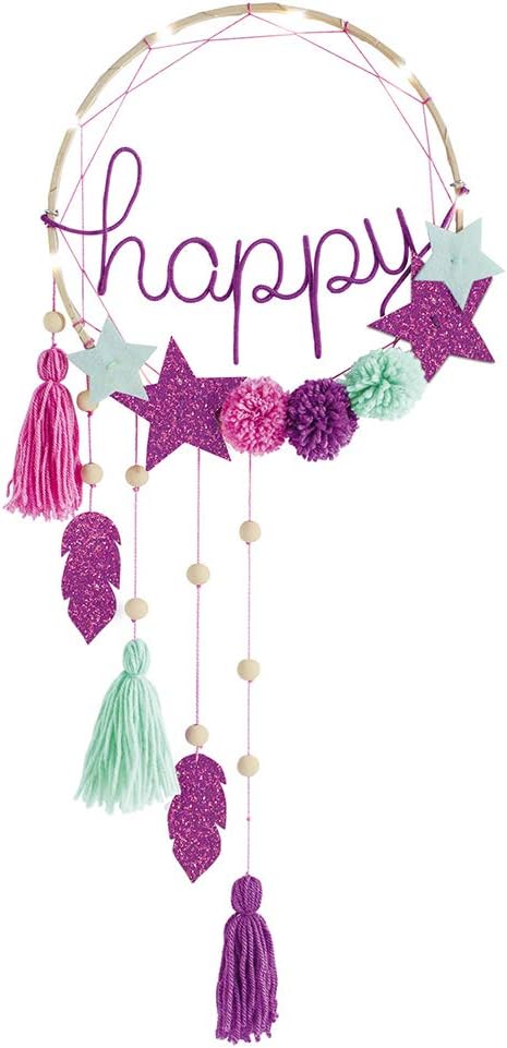 Light-up wood hoop with purple wire script happy, glitter stars, pompoms, and pink, mint, and purple tassels.