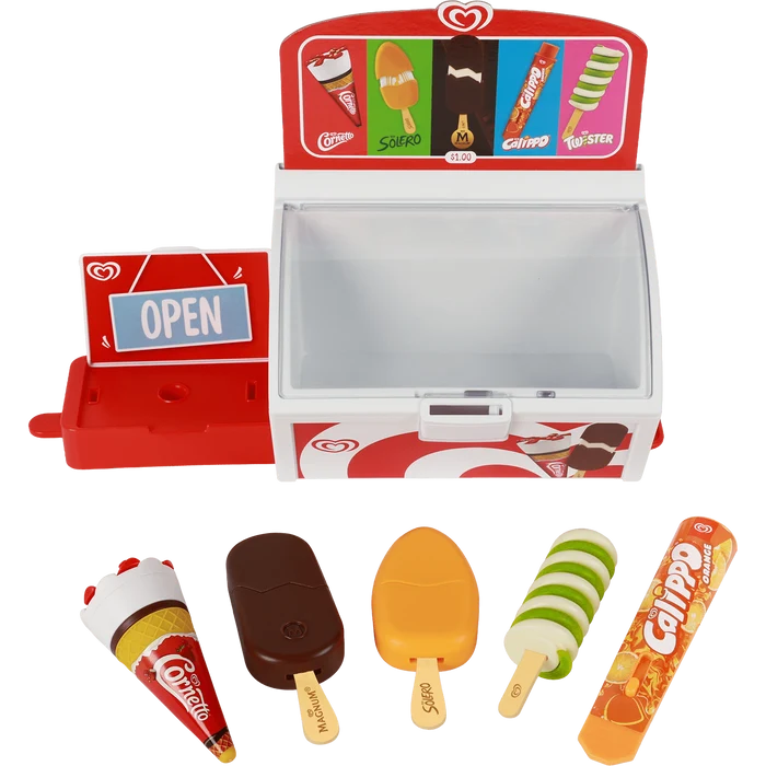 Red and white toy ice cream chest with menu board, open sign, and five play treats including cone and spiral bar.