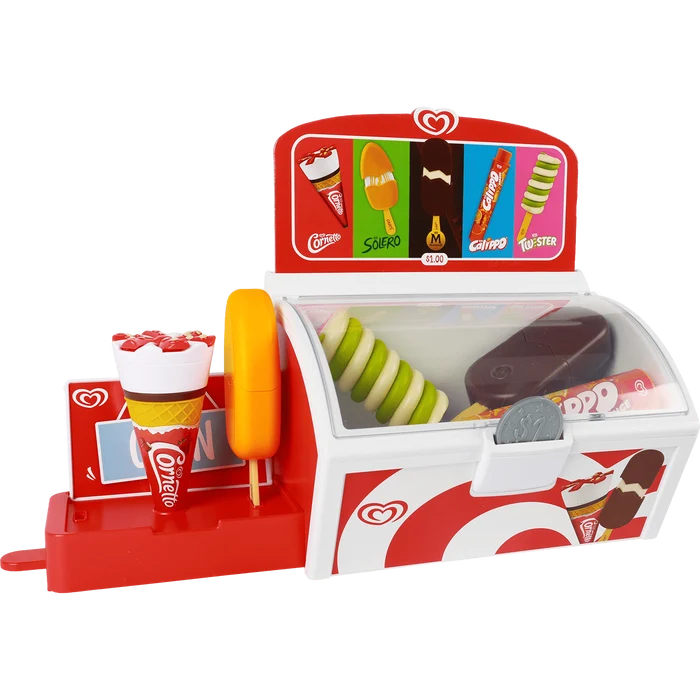 Red and white toy ice cream freezer with clear lid, menu, and assorted plastic Cornetto, Magnum, and Twister treats.